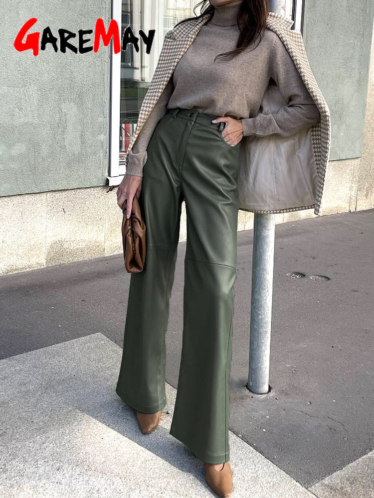 Women's Pants Capris Autumn Winter Leather Trousers Green Loose Oversized High Waist Black Straight Wide Pu Faux for Women 221109