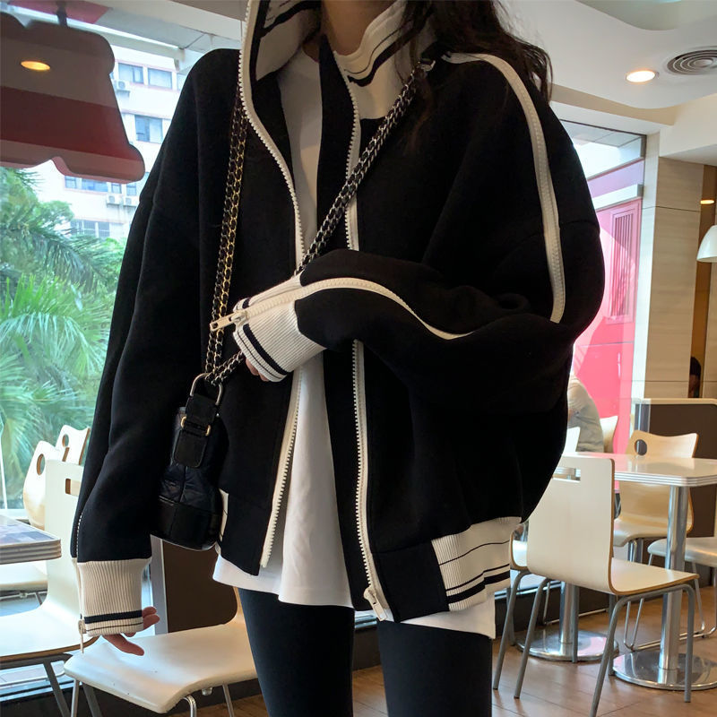 Women's Jackets Deeptown Black Women Korean Fashion Oversized Casual Harajuku Zipper Thin Fleece Coat Female Outerwear Crop Street Style 221109
