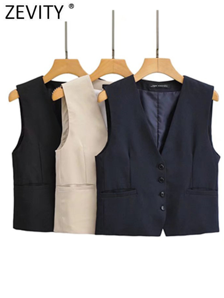 Women's Jackets Zevity Women Fashion V Neck Single Breasted Pockets Slim Vest Jacket Ladies Sleeveless Casual Business WaistCoat Tops CT1117 2211