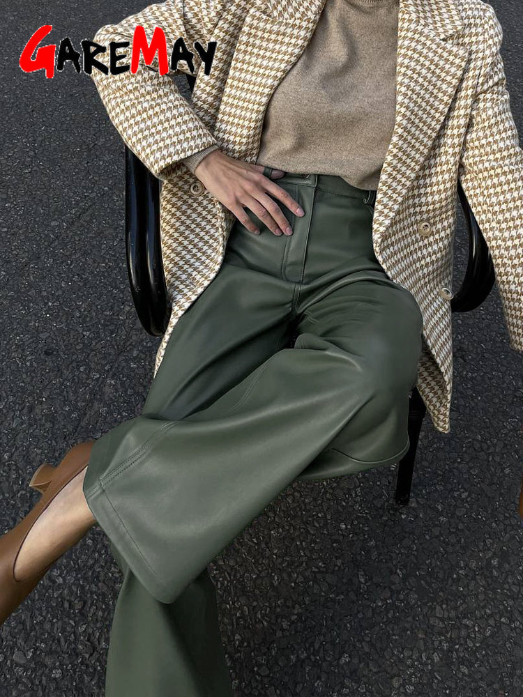 Women's Pants Capris Autumn Winter Leather Trousers Green Loose Oversized High Waist Black Straight Wide Pu Faux for Women 221109