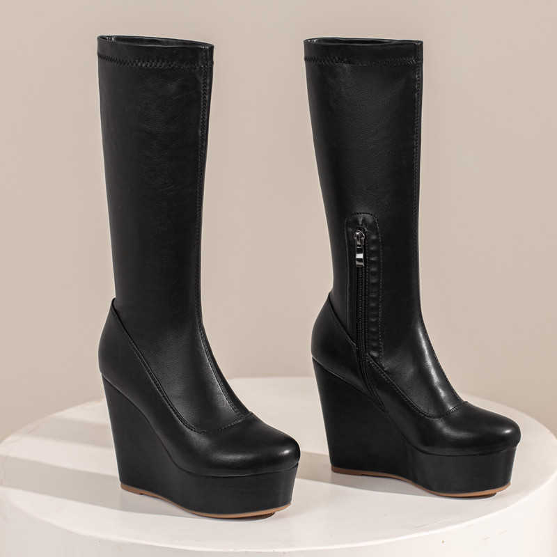 Boots Wig Shoes Woman Knee High Boots Platform Wedges Heels Black White High Boots Autumn Winter Party Shoes Ladies Large Size 43 J220923