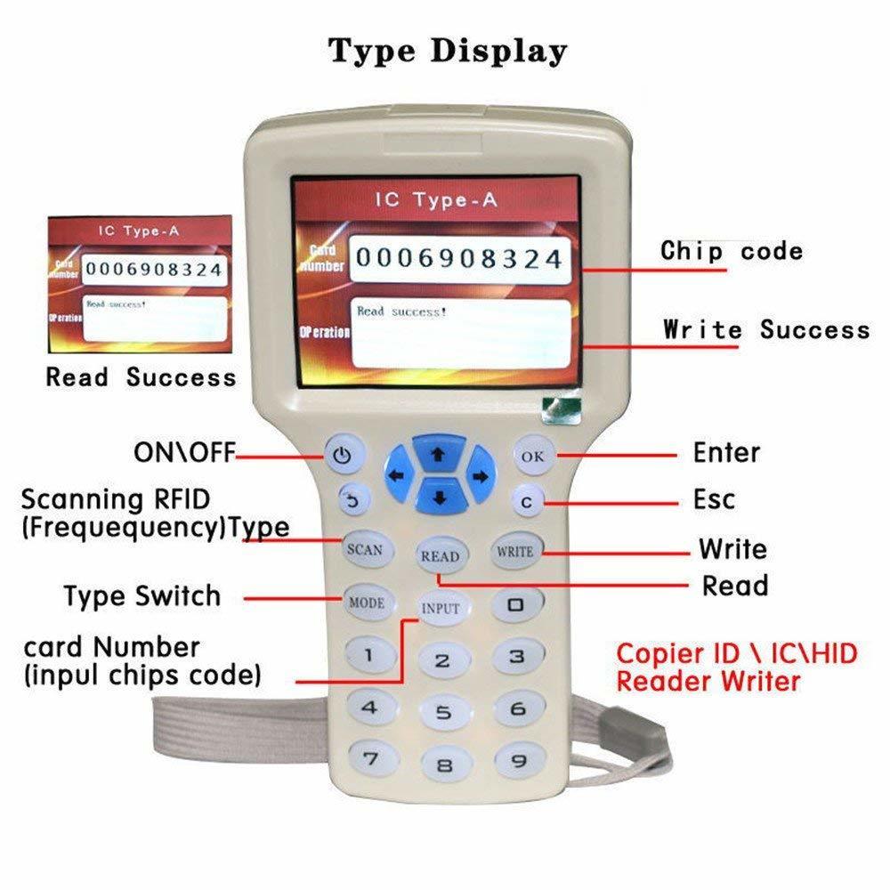 Access Control Card Reader English 10 Frequency RFID Writer Copier Duplicator ICID with USB Cable for 125Khz 1356Mhz Cards LCD Sc