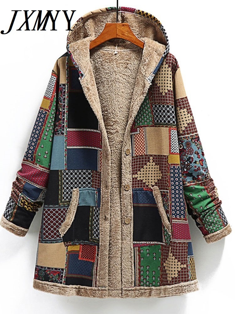Women's Jackets Winter Vintage Coat Warm Printing Thick Fleece Hooded Long Jacket with Pocket Ladies Outwear Loose for 221109