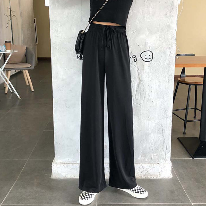 Women's Pants Capris Wide Leg Women Pure Black Lace-up Korean Style Loose Leisure High Waists Female Spring Long Daily Trousers Streetwear Fall 2