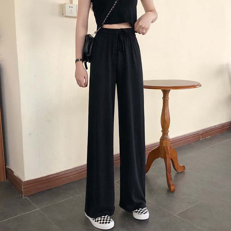 Women's Pants Capris Wide Leg Women Pure Black Lace-up Korean Style Loose Leisure High Waists Female Spring Long Daily Trousers Streetwear Fall 2