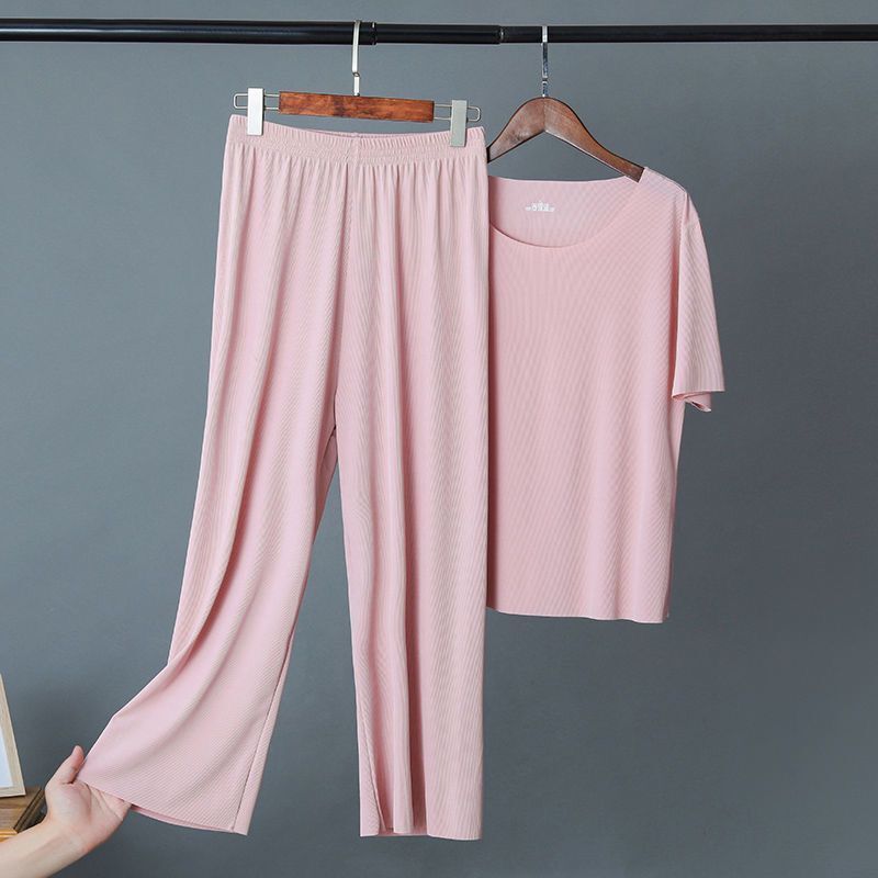 Women's Pants Capris Plus Size Trousers Suit Summer Loose Ice Silk Cool Thin Top and High Waist Wide-Leg Home Casual Pajamas 221109