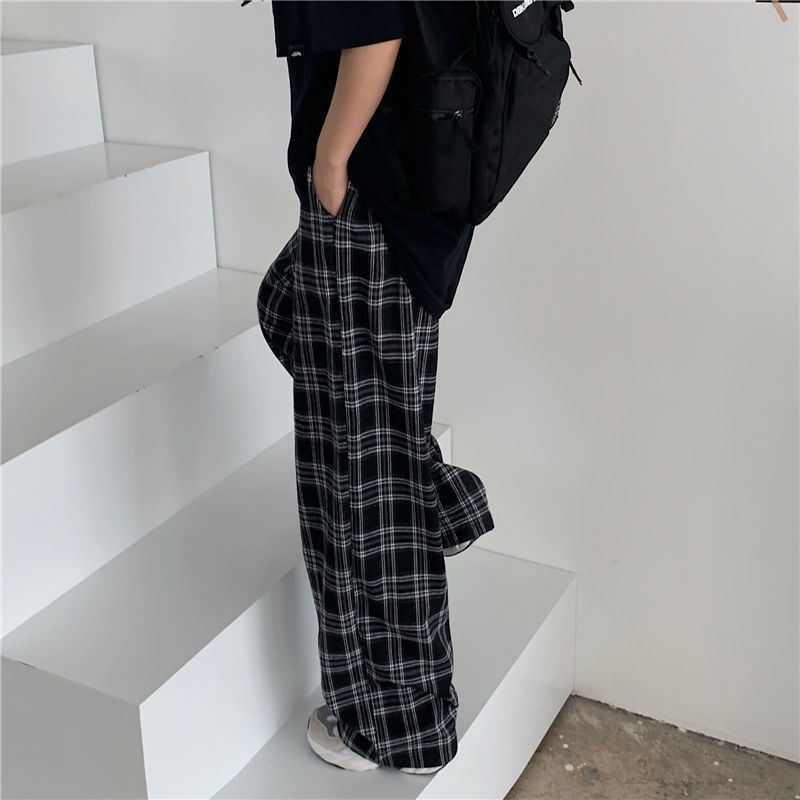 Women's Pants Capris S-3XL Plaid Women Casual Loose Wide Leg Trousers With Pocket Ins Retro Teens Straight Hip-hop Unisex Streetwear 221109