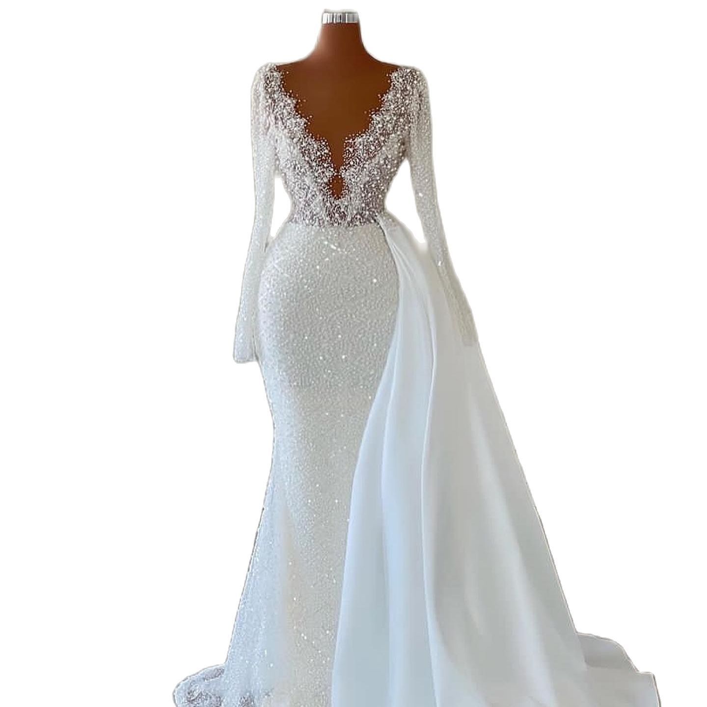 Sexy Sparkly Mermaid Wedding Dress Pearls Beading Sheer V Neck Long Sleeve Beads Bridal Gowns Robe De Soiree Wly935 Lz0304