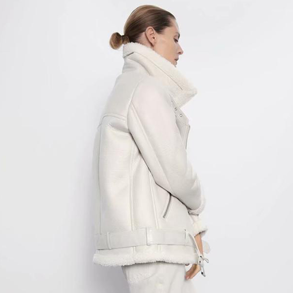 Women's Jackets Thick and warm faux leather jacket Coat women's beige long-sleeved belt women winter fashion streetwear Tops 221109