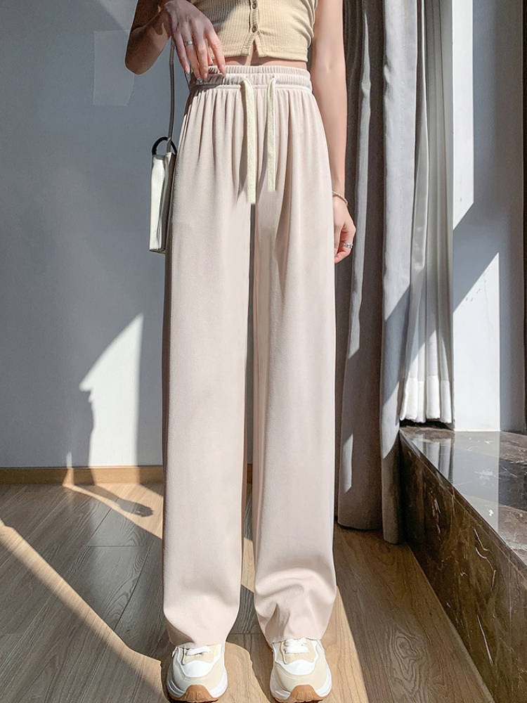 Women's Pants Capris Summer Lace Up Wide Leg for Women Casual High Waist Long Ice Silk Pleated Loose Trousers Female Slacks 221109