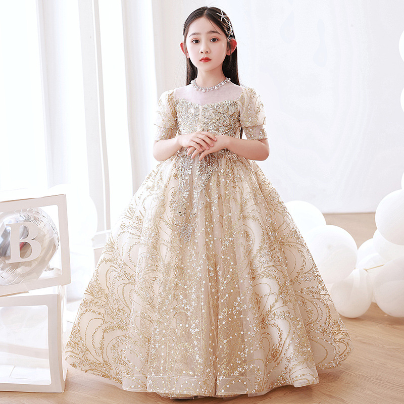 Gold Sequined Flower Girl Dresses For Wedding Lace Long ball gown Toddler Pageant Gowns Appliqued birthday Christmas Kids Prom Dress