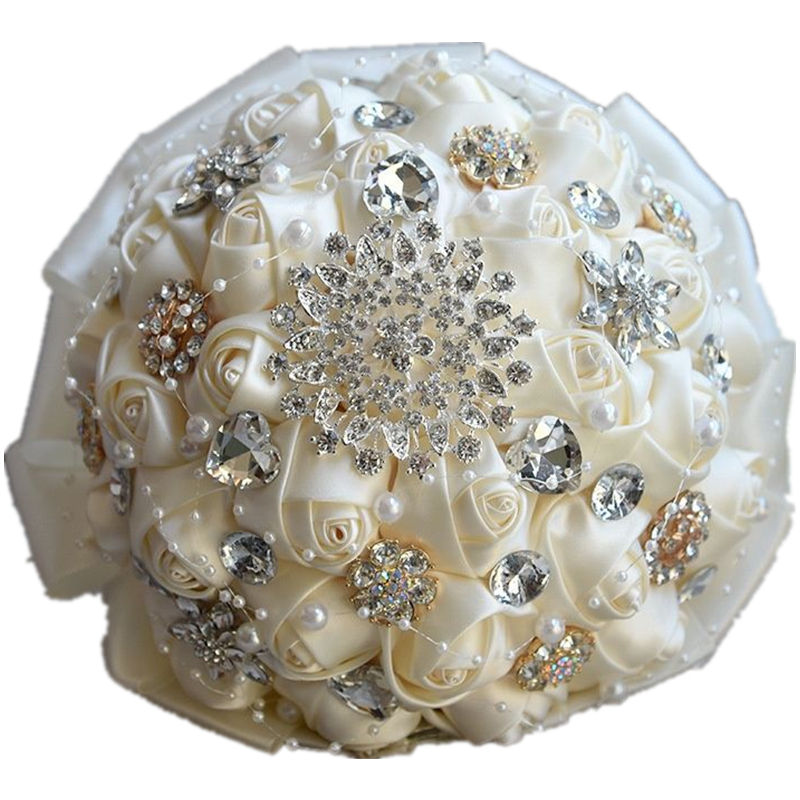 Classic Ivory Satin Artificial Wedding Flowers Bouquets Hand made Flower Rhinestone Bridesmaid Crystal Bride Bouquets de mariage