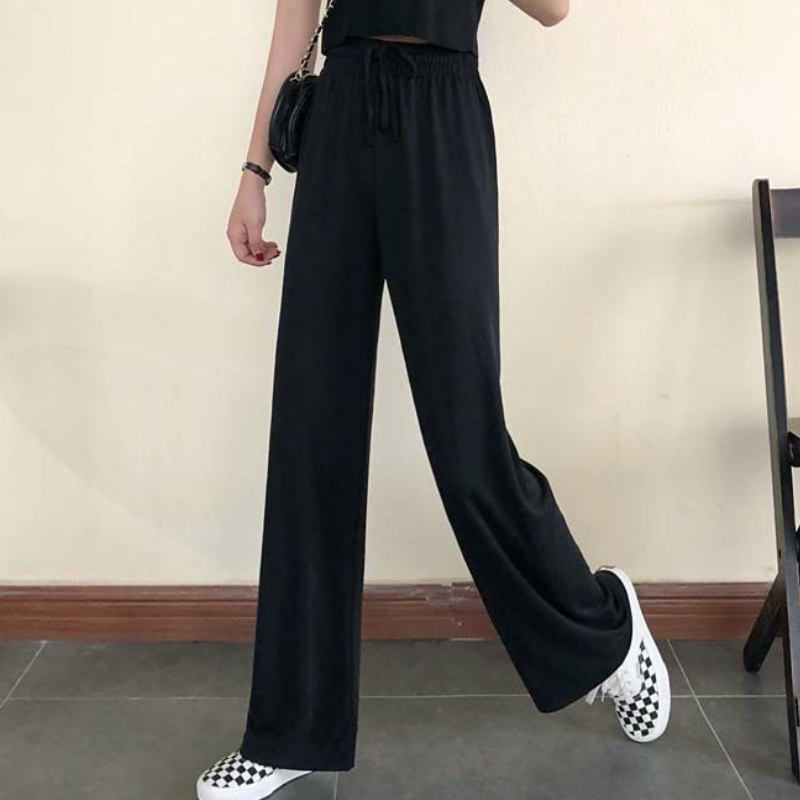 Women's Pants Capris Wide Leg Women Pure Black Lace-up Korean Style Loose Leisure High Waists Female Spring Long Daily Trousers Streetwear Fall 2