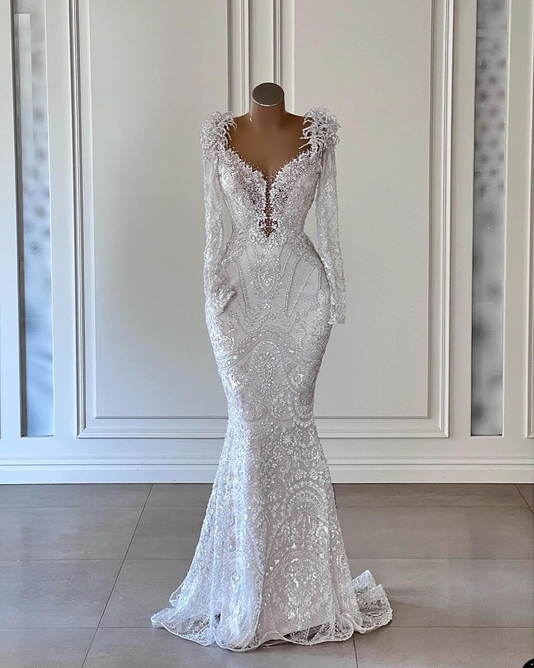 Dresses Mermaid Wedding Bridal Gown Beaded Crystals Lace Applique Plunging V Neck With Long Sleeves Custom Made Vestidos De Novia Plus Size Estidos