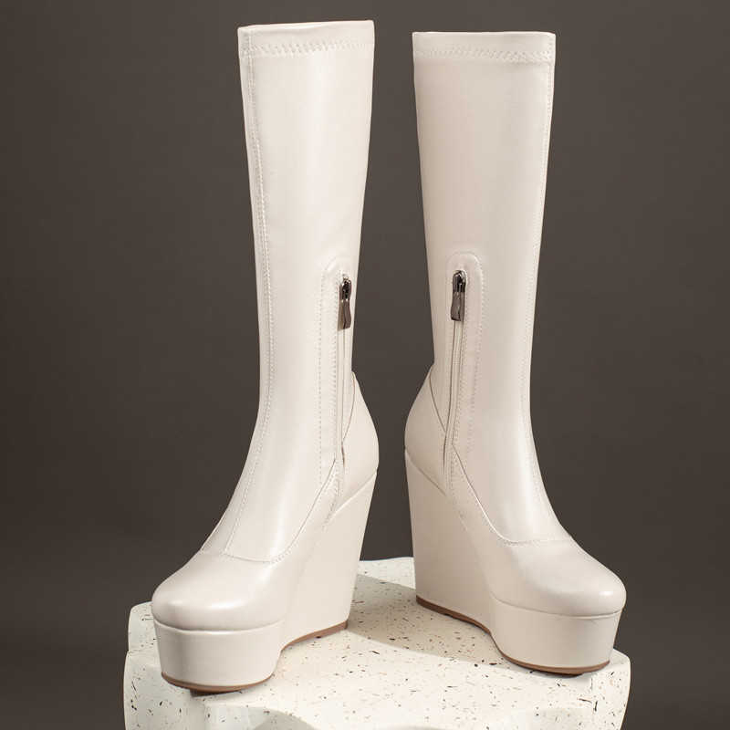 Boots Wig Shoes Woman Knee High Boots Platform Wedges Heels Black White High Boots Autumn Winter Party Shoes Ladies Large Size 43 J220923