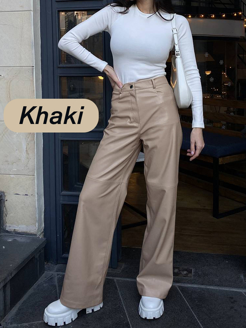 Women's Pants Capris Autumn Winter Leather Trousers Green Loose Oversized High Waist Black Straight Wide Pu Faux for Women 221109