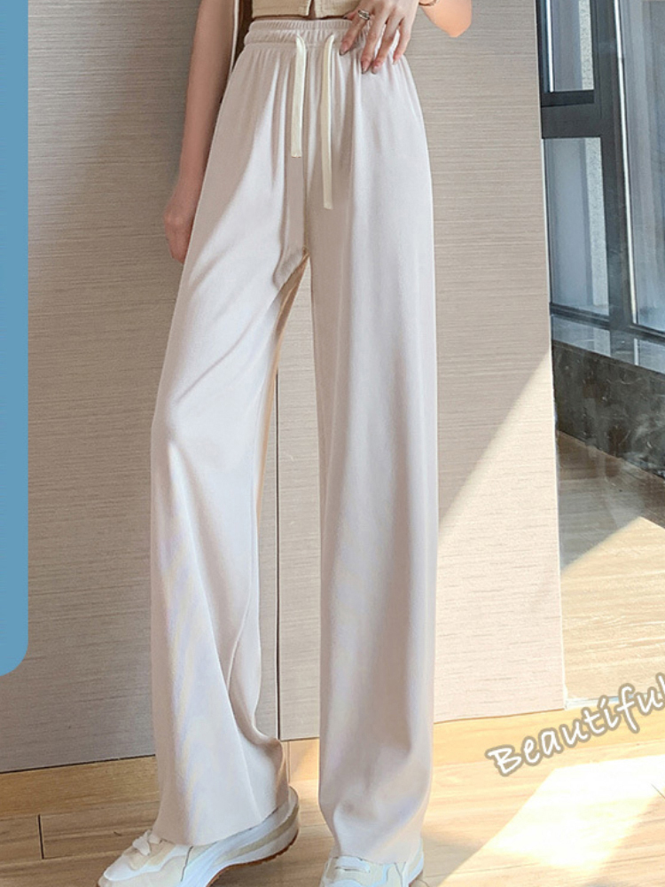 Women's Pants Capris Summer Lace Up Wide Leg for Women Casual High Waist Long Ice Silk Pleated Loose Trousers Female Slacks 221109