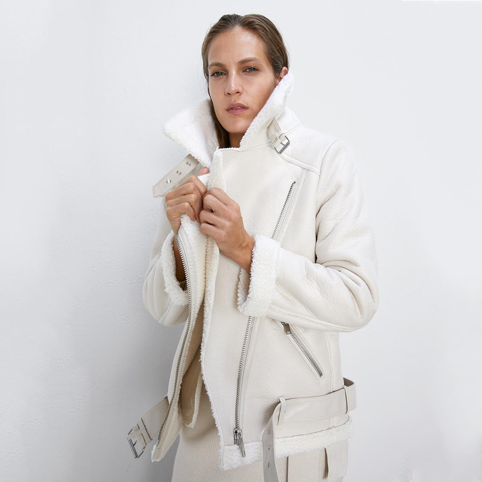 Women's Jackets Thick and warm faux leather jacket Coat women's beige long-sleeved belt women winter fashion streetwear Tops 221109