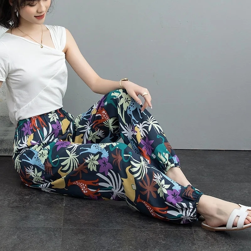 Women's Pants Capris Women Cotton Silk Casual Trousers Summer Loose Pajamas Home Thin Wide Leg Fashion Oversize 4XL Sweatpants Female 221109