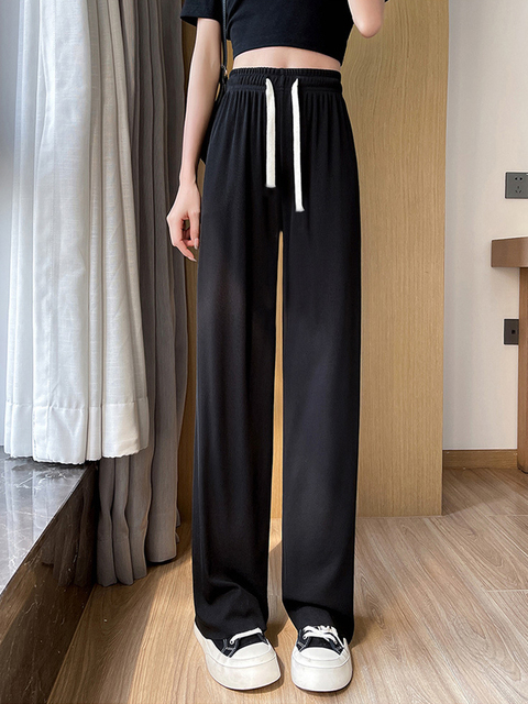 Women's Pants Capris Summer Lace Up Wide Leg for Women Casual High Waist Long Ice Silk Pleated Loose Trousers Female Slacks 221109