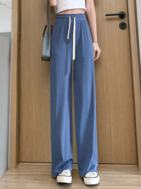 Women's Pants Capris Summer Lace Up Wide Leg for Women Casual High Waist Long Ice Silk Pleated Loose Trousers Female Slacks 221109