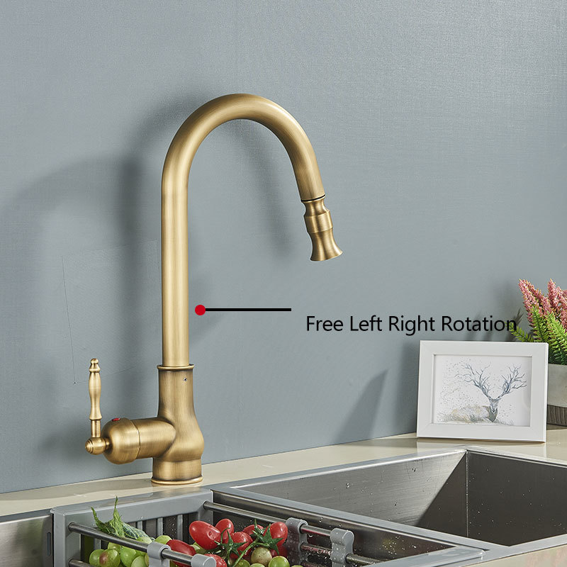 Kitchen Faucets Antique Brass Europe Faucet Deck Mount Free Rotation Pull Out Soft Water Wash Cold Mixer Crane Taps 221109