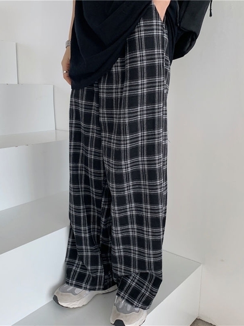 Women's Pants Capris S-3XL Plaid Women Casual Loose Wide Leg Trousers With Pocket Ins Retro Teens Straight Hip-hop Unisex Streetwear 221109