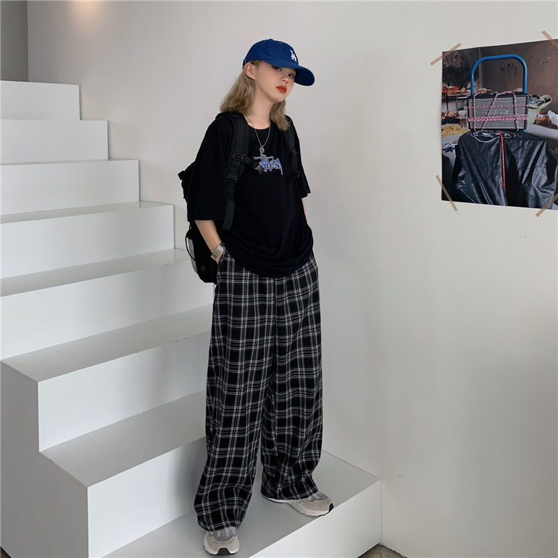 Women's Pants Capris S-3XL Plaid Women Casual Loose Wide Leg Trousers With Pocket Ins Retro Teens Straight Hip-hop Unisex Streetwear 221109