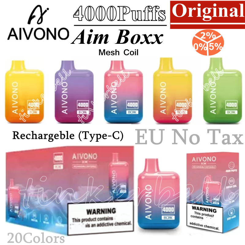 Original AIVONO AIM BOXX 4000Puffs E Cigarette Disposable Vapes Puff 4000 Vape Pen 5% Rechargeble 550mAh Battery 10ml Mesh Coil Pod 10 Colors Vaper Desechable
Original AIVONO AIM BOXX 4000Puffs E Cigarette Disposable Vapes Puff 4000 Vape Pen 5% Rechargeble 550mAh Battery 10ml Mesh Coil Pod 10 Colors Vaper Desechable