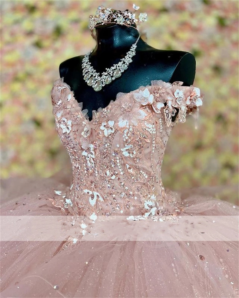 2023 Pink Ball Gown Quinceanera Dresses Beaded Flowers Appliques Off Shoulder Tulle Sequined Sweet 15 16 Dress XV Party Wear