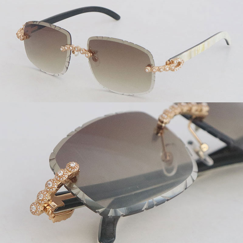 Luxury Moissanite Diamond Set Rimless Sunglasses Womans Original White Inside Black Buffalo Horn Men Vintage glasses 8200762 Carved lens Big Stones Glasses Size 62