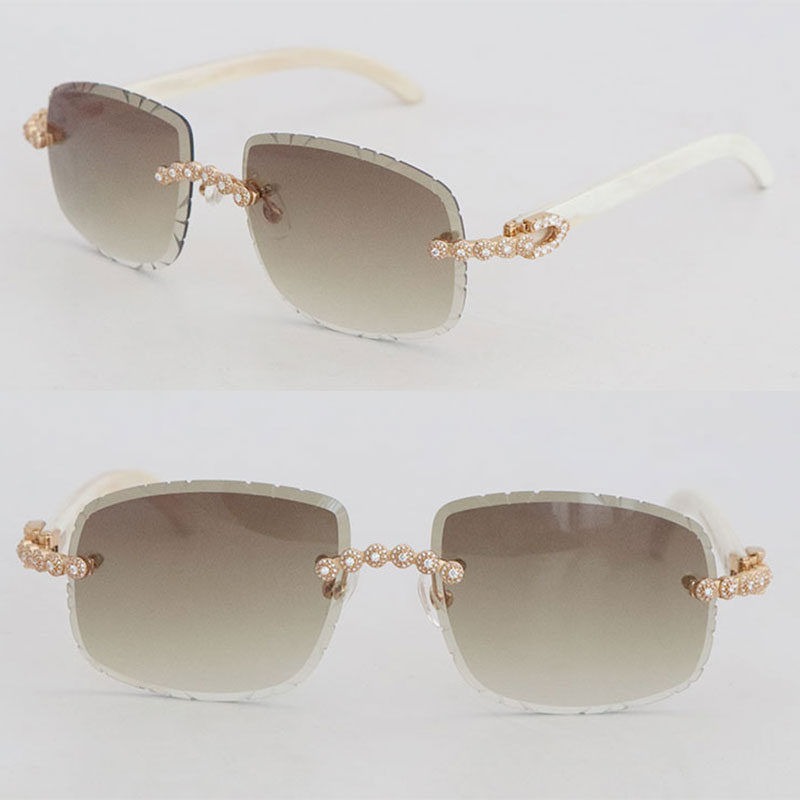Luxury Moissanite Diamond Set Rimless Sunglasses Womans Original White Genuine Natural Horn Men glasses Carved lens Big Stones Vintage Metal Gold Glasses