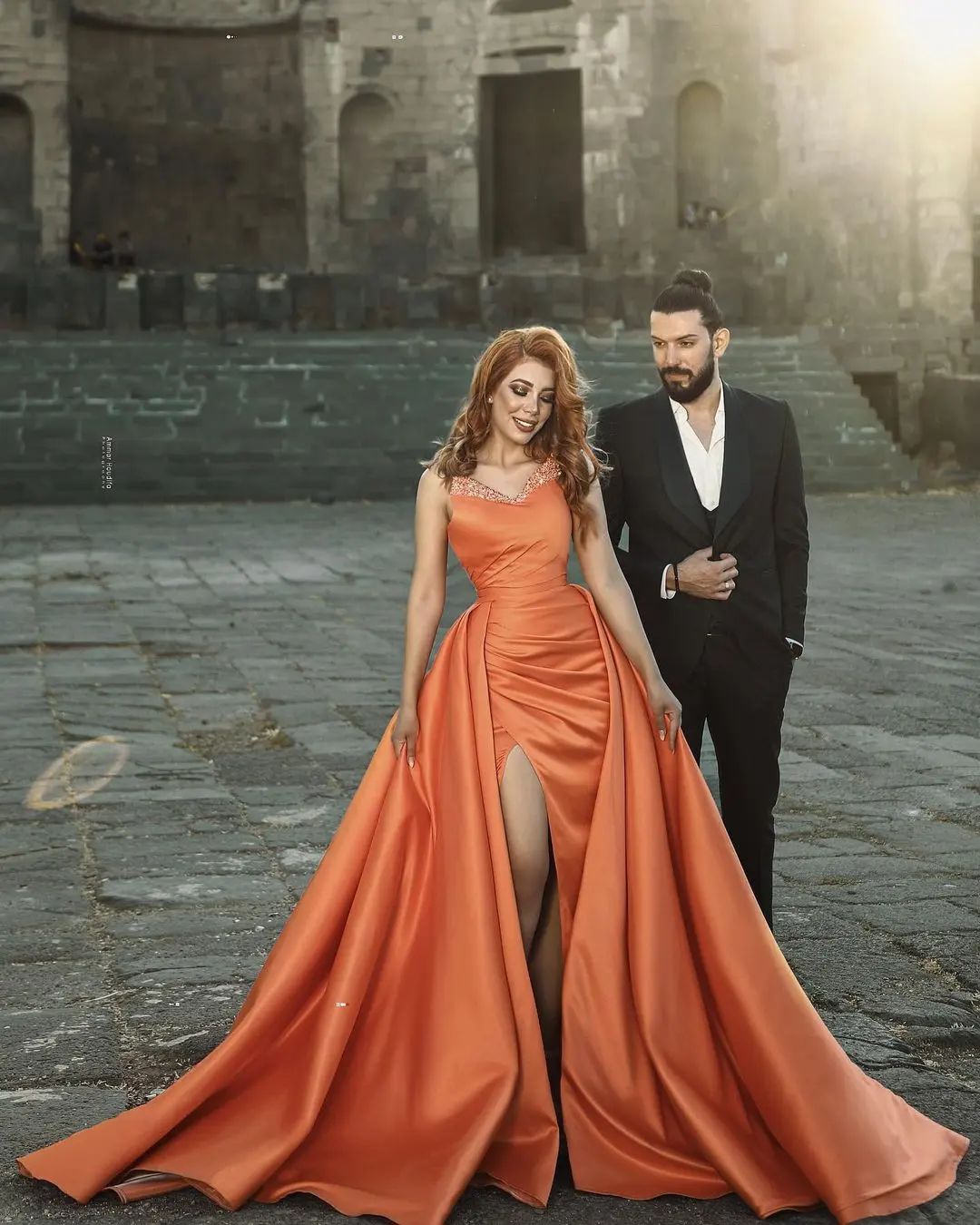 Fashion Orange Sweetheart Prom Dresses Sequins Haute Couture Party Dresses Side Split with Overskirts Custom Made Evening Dress