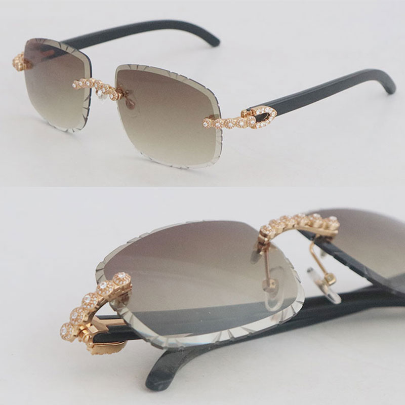 Selling Luxury Moissanite Diamond Set Rimless Sunglasses Womans Original Black Buffalo Horn Men glasses Carved lens Big Stones Vintage Metal Glasses Size 62 New