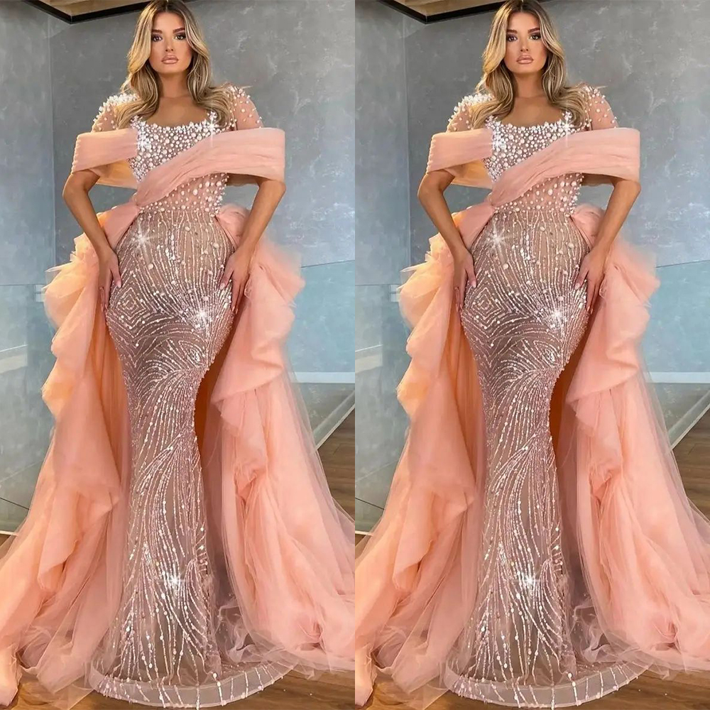 Fashion Orange Pearls Mermaid Prom Dresses Sheer Neck Sequined Party Dresses with Detachable Train Lace Custom Made Evening Dress
