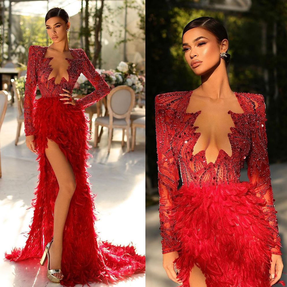 Sexy Red Carpet Mermaid Evening Dresses High Split Prom Dress Simple Elegant Feather Full Sleeve Formal Party Gowns