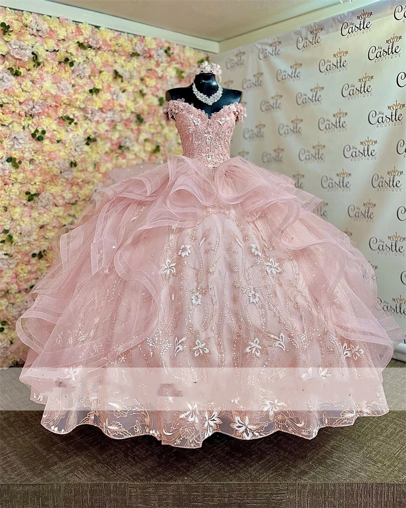 2023 Pink Ball Gown Quinceanera Dresses Beaded Flowers Appliques Off Shoulder Tulle Sequined Sweet 15 16 Dress XV Party Wear