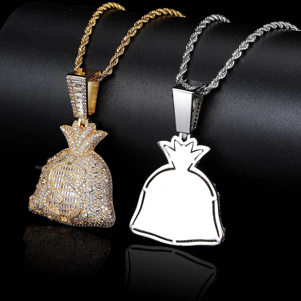 Hip Hop Dollar Purse Pendant Necklace Bling Zircon 18K Real Gold Plated Men Women Christmas Gift