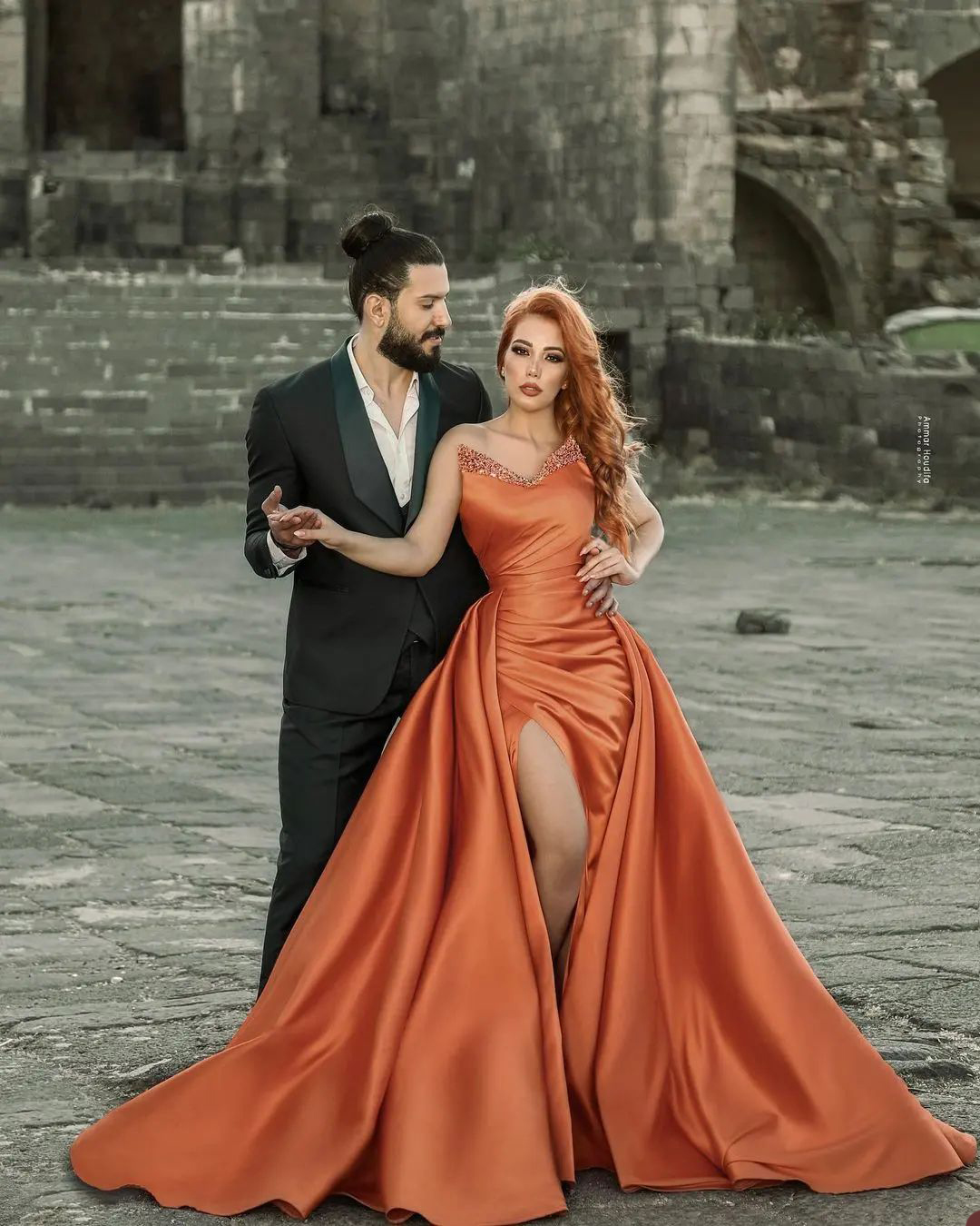 Fashion Orange Sweetheart Prom Dresses Sequins Haute Couture Party Dresses Side Split with Overskirts Custom Made Evening Dress