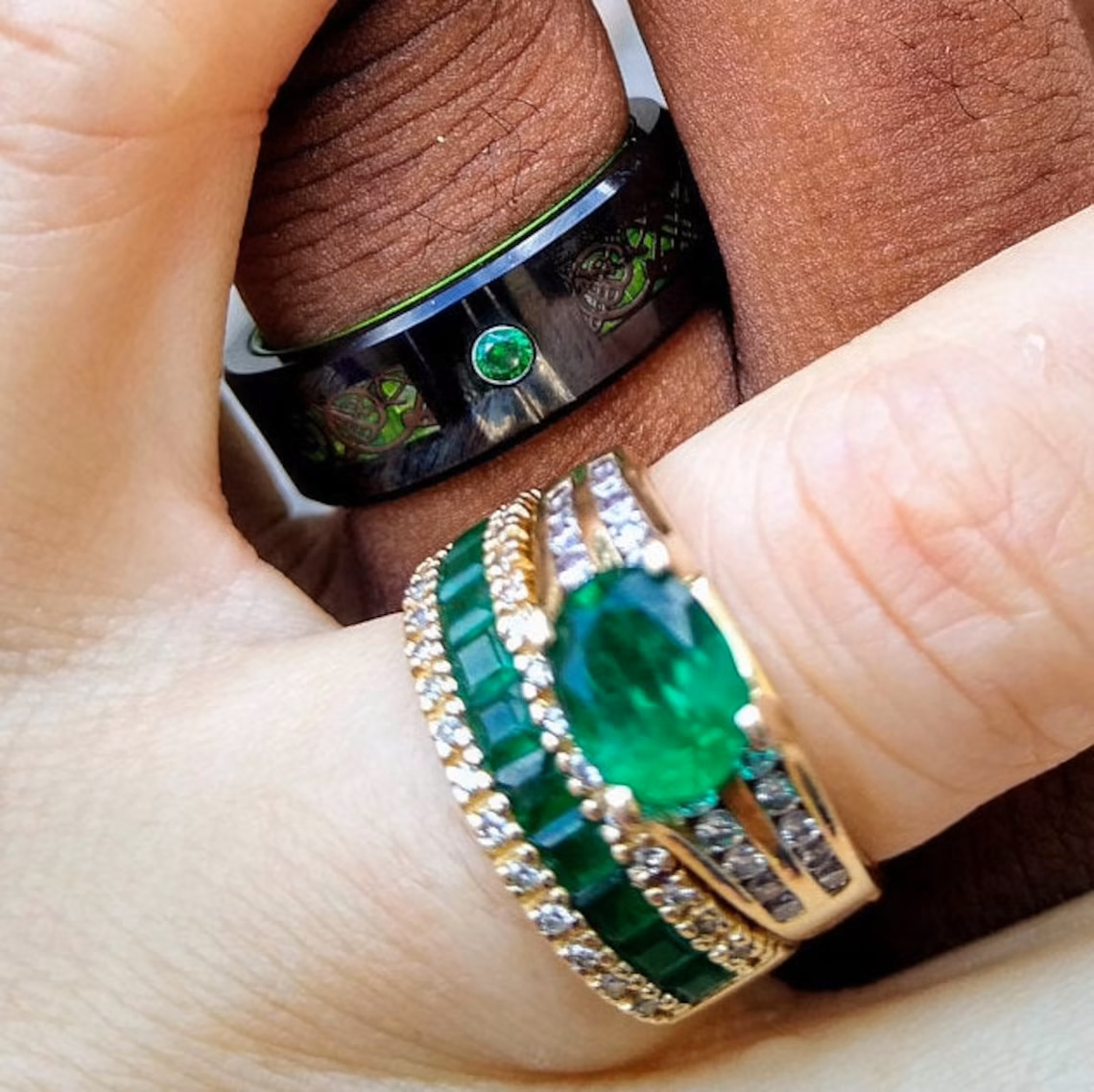 Fashion Black Wedding Rings For Inlaid Zircon Punk Men Stainless Steel Green Carbon Fibre Ring
