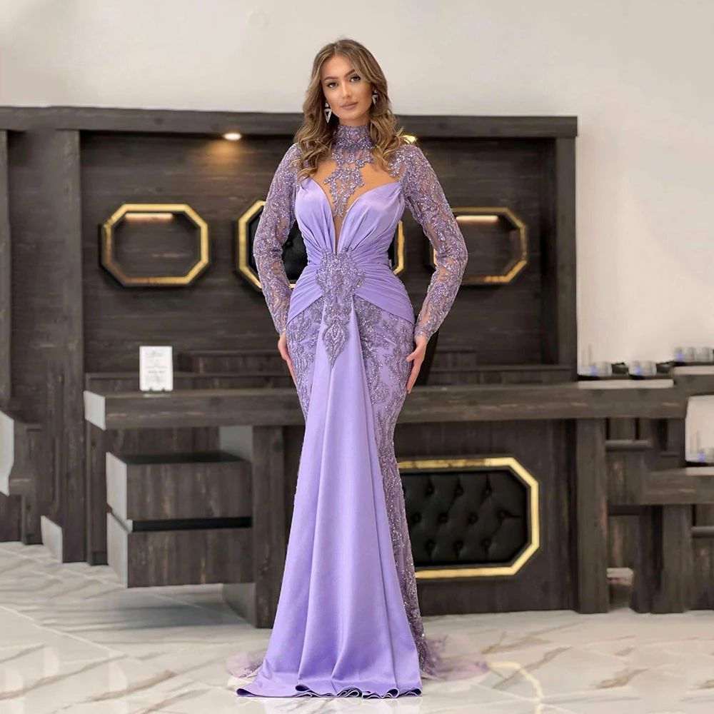 Elegant Lavender Lace Mermaid Evening Dresses High Neck Long Sleeves Formal Prom Birthday Party Gowns Robe De Soiree Bc19320 0218