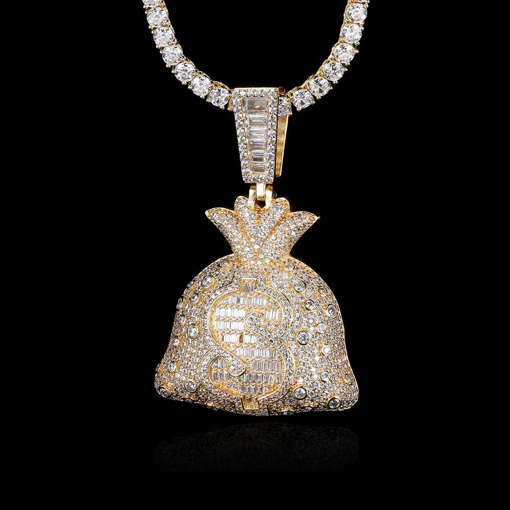 Hip Hop Dollar Purse Pendant Necklace Bling Zircon 18K Real Gold Plated Men Women Christmas Gift