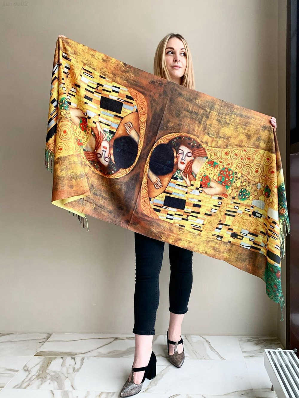 

Gustav Klimt Oil Paint Cashmere Scarf Women Spring Der Kiss Print Pashmina Scarf Ladies Autumn Wrap Designer Cape Blanket J220721