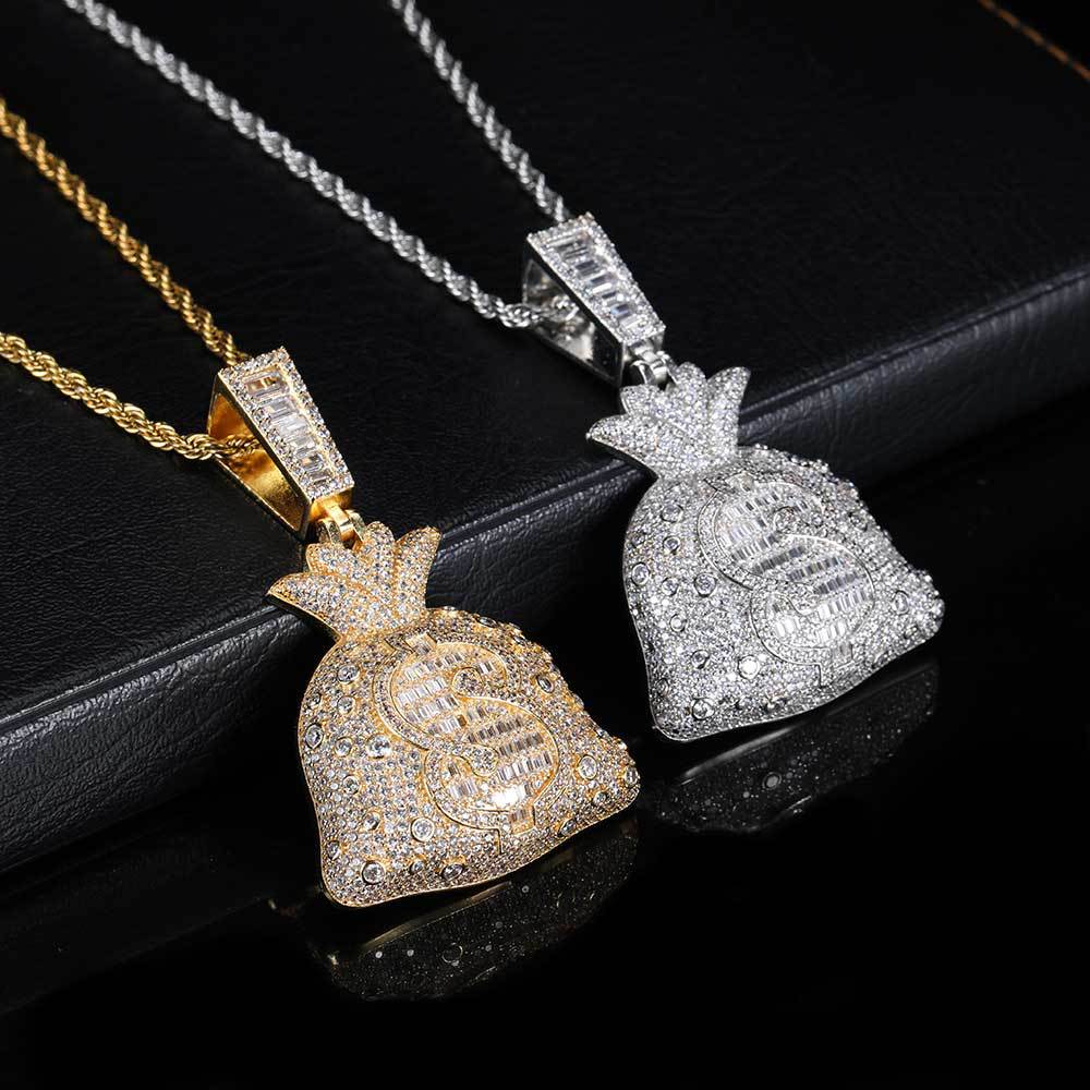 Hip Hop Dollar Purse Pendant Necklace Bling Zircon 18K Real Gold Plated Men Women Christmas Gift