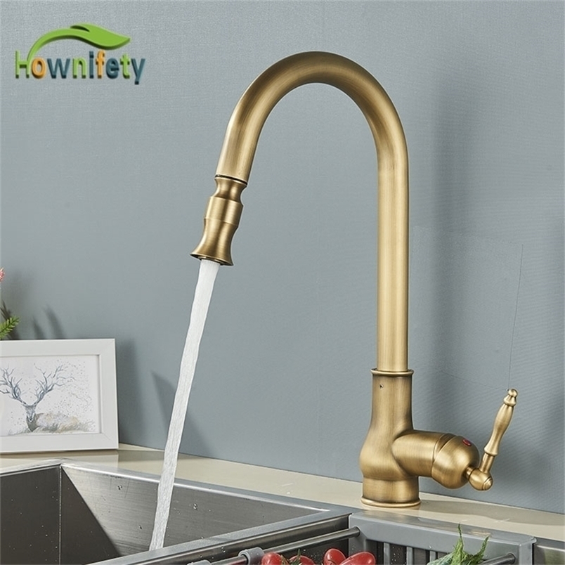 Kitchen Faucets Antique Brass Europe Faucet Deck Mount Free Rotation Pull Out Soft Water Wash Cold Mixer Crane Taps 221109