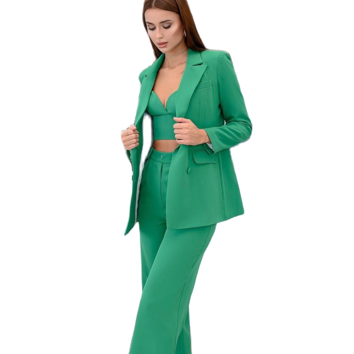 Elegant Green Women Pants Suits 3 Pieces Slim Fit High Waist Prom Evening Party Wear Blazer Flared Trousers Sets