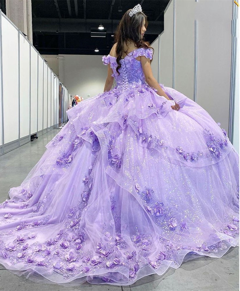 Glitter Lilac Sequined Quinceanera Dresses 3D Flowers Lace Appliques Tiers Ruffles Luxury Princess Sweet 15 Dress Prom Party Pageant Ball Gown For You