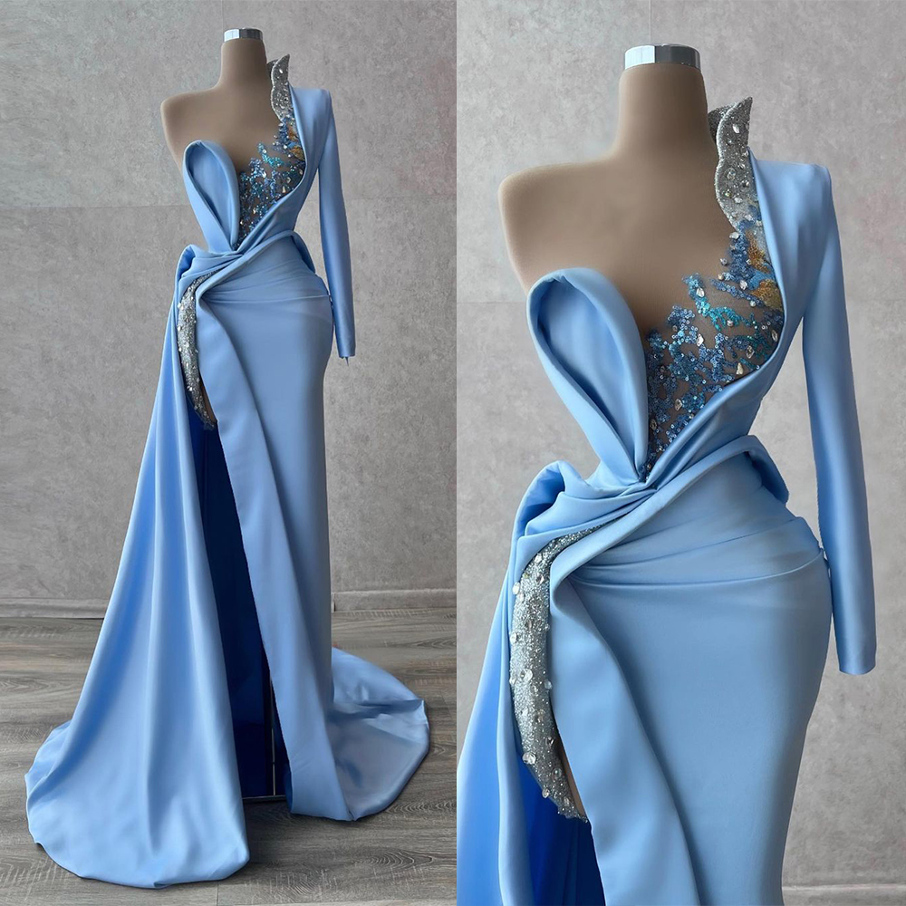Graceful Blue Prom Dresses One Shoulder Sequined Party Dresses Side Split Custom Made Evening Dress