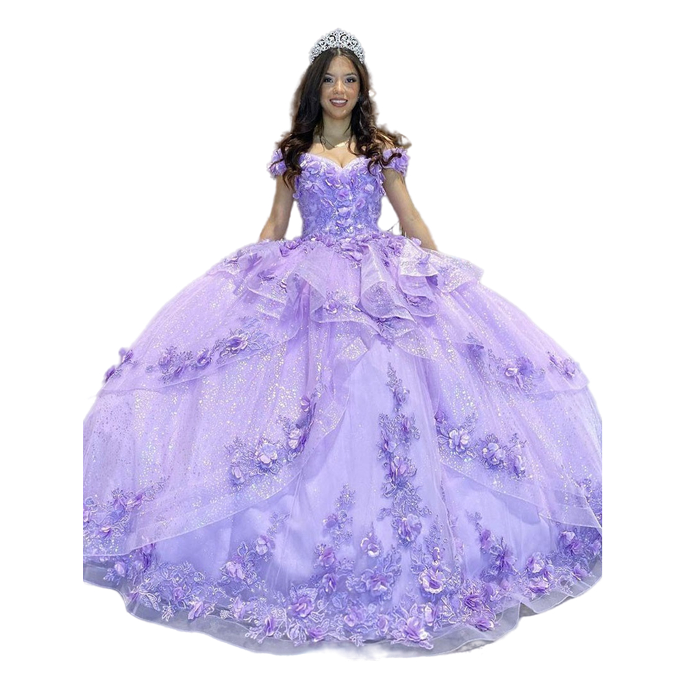 Glitter Lilac Sequined Quinceanera Dresses 3D Flowers Lace Appliques Tiers Ruffles Luxury Princess Sweet 15 Dress Prom Party Pageant Ball Gown For You