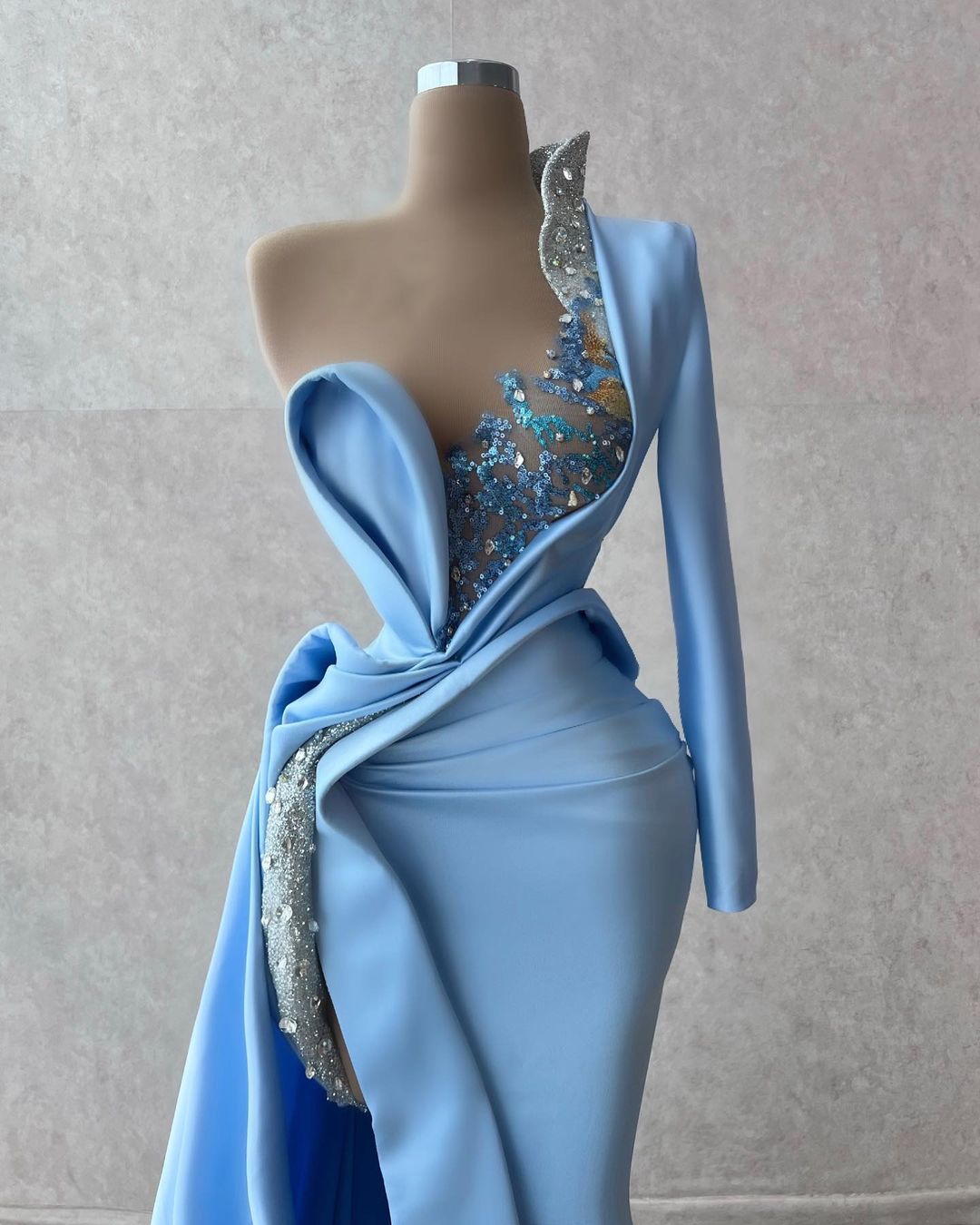 Graceful Blue Prom Dresses One Shoulder Sequined Party Dresses Side Split Custom Made Evening Dress